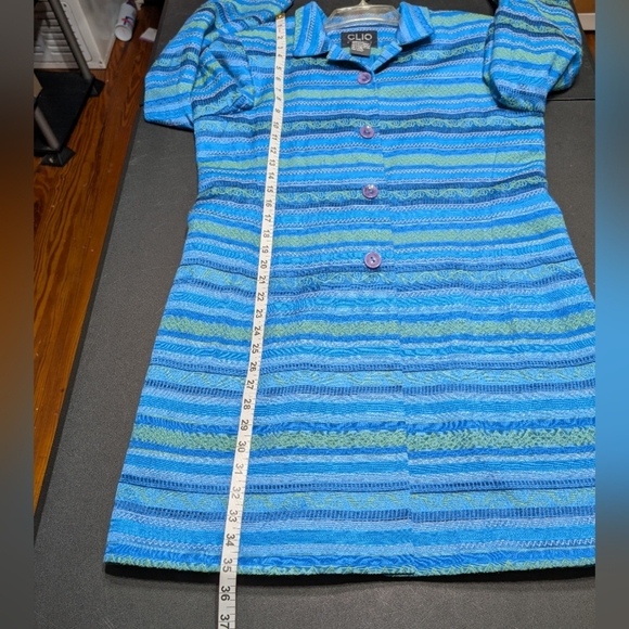 Clio 2 Piece Stylish Blue Striped Women's Button Down Coat And Dress Set Size 14 - Picture 11 of 16